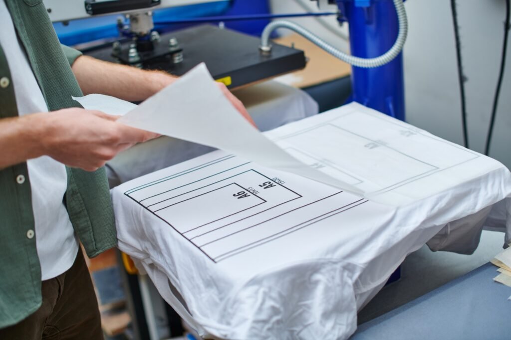 Cropped view of young artisan holding printing layer near t-shirt with marking and working