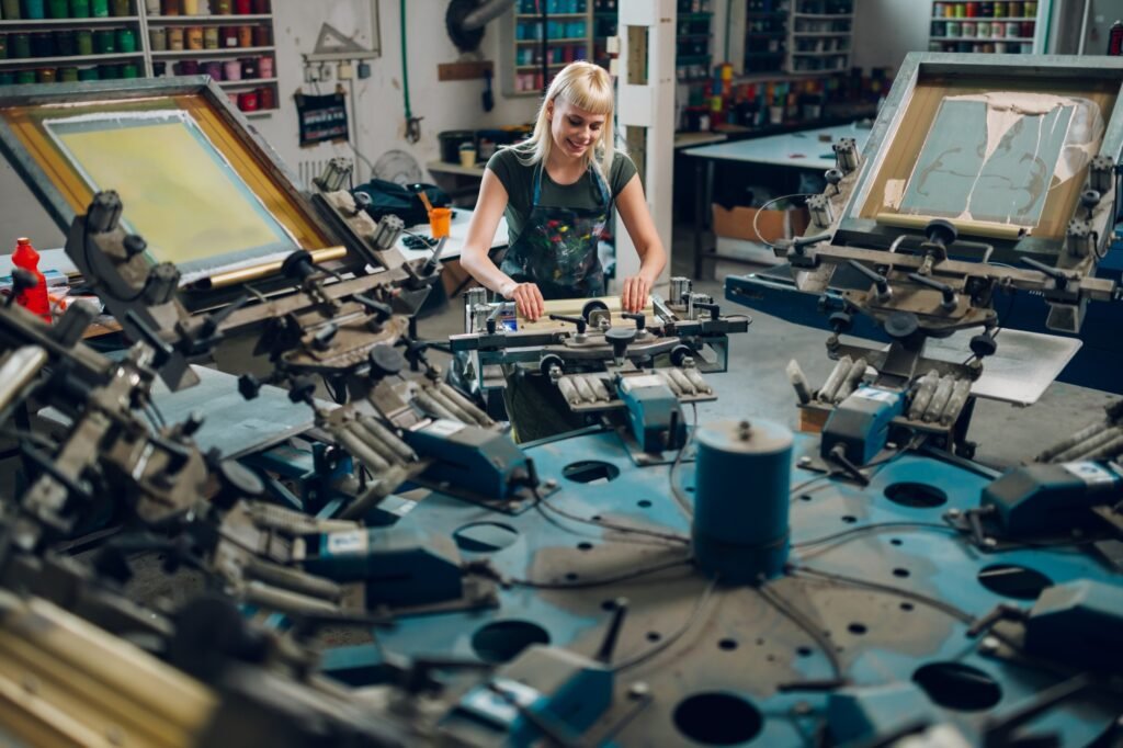 Female graphic worker with squeegee is screen printing at print shop.