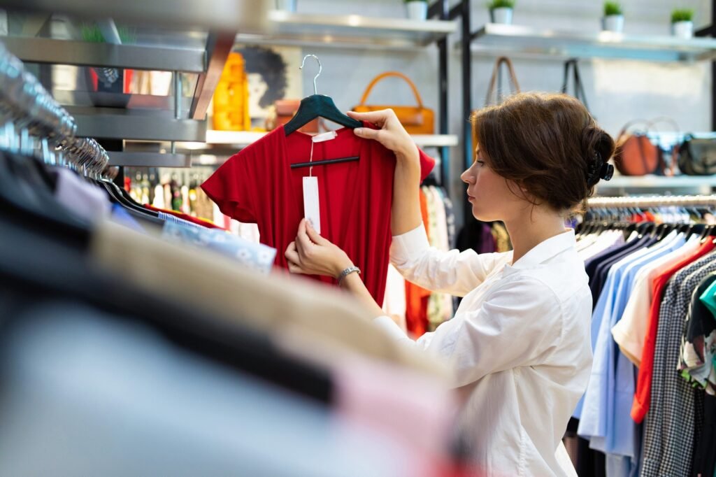 Beautiful caucasian woman chooses red dress, looks price and thinks about her choice